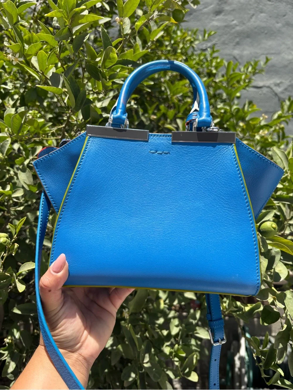 Fendi Electric Blue Leather Satchel with Lime Trim